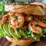 A close-up view of a spicy shrimp sandwich featuring plump shrimp, fresh avocado, and lettuce on a crusty roll.
