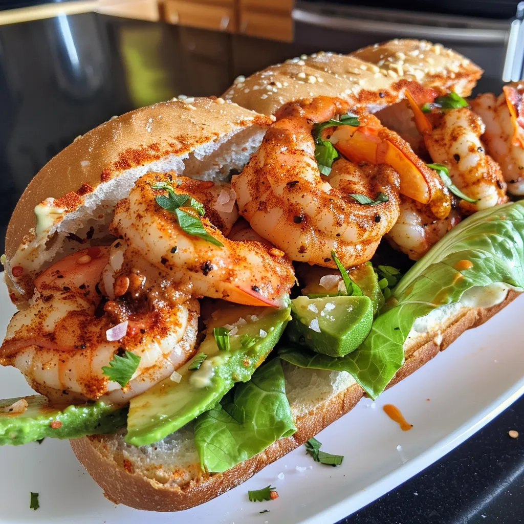 Side view of a juicy spicy shrimp sandwich showcasing succulent shrimp and creamy mayonnaise nestled in a French roll.
