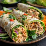 Close-up view of a spicy Sriracha tuna wrap filled with fresh ingredients.
