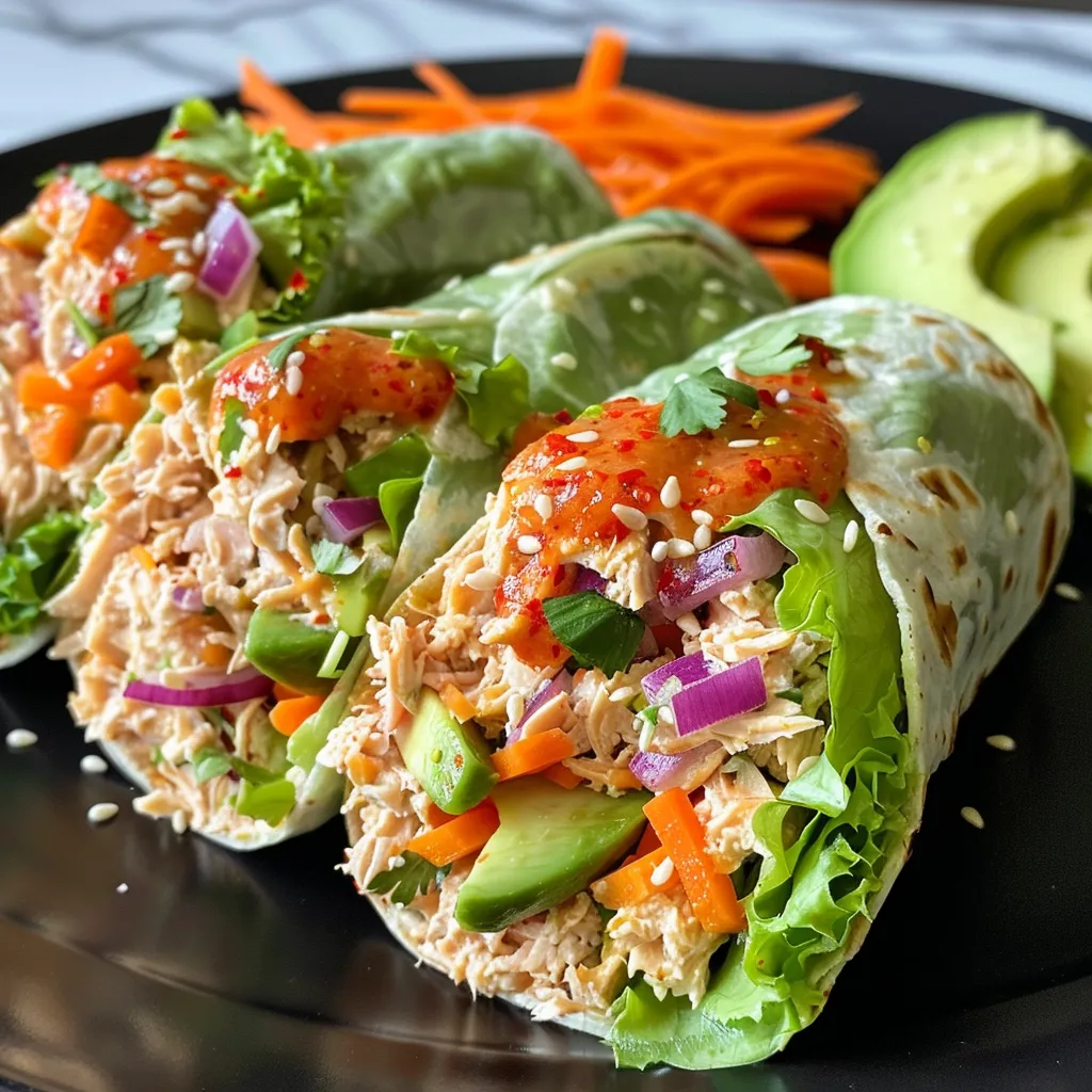 Side angle of a juicy tuna wrap showcasing vibrant vegetables and sauce.