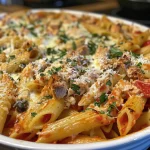 Close-up of a cheesy Spicy Tuna Pasta Bake topped with fresh parsley.