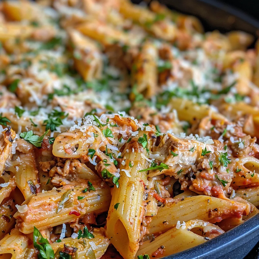 A delicious serving of Spicy Tuna Pasta Bake, showcasing melted mozzarella and colorful ingredients.