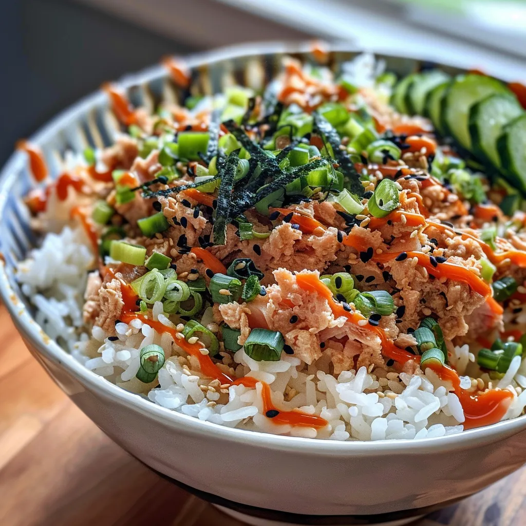 Side view of a homemade Spicy Tuna Rice Bowl with colorful toppings and rice.