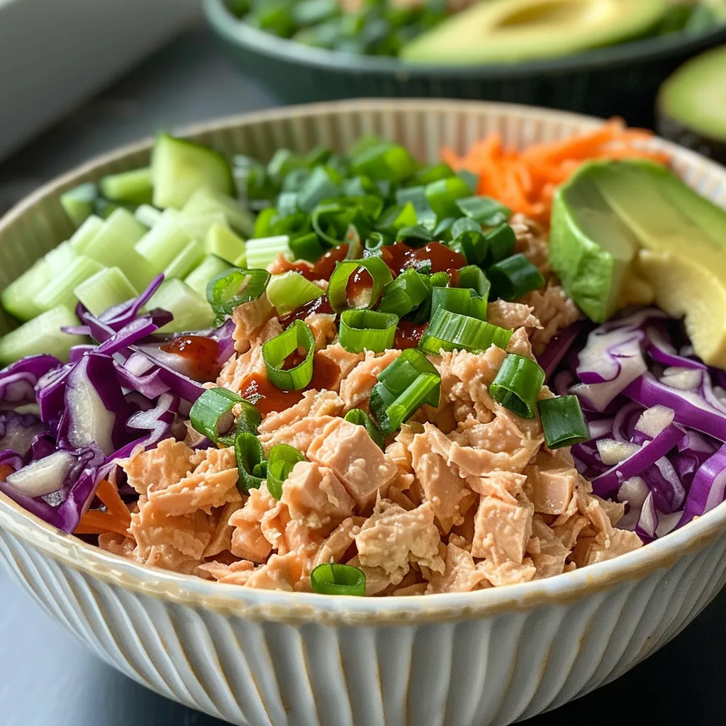 A detailed shot of Spicy Tuna Salad Bowl highlighting tuna, avocado, and vibrant veggies.