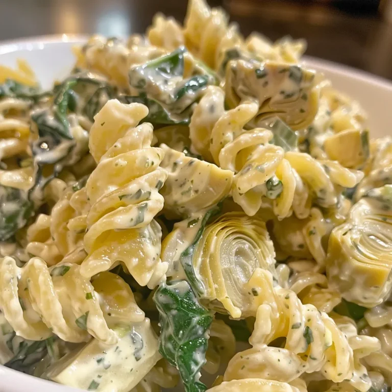 A close-up side view of creamy Spinach Artichoke Dip Pasta Salad with vibrant green spinach and artichokes.
