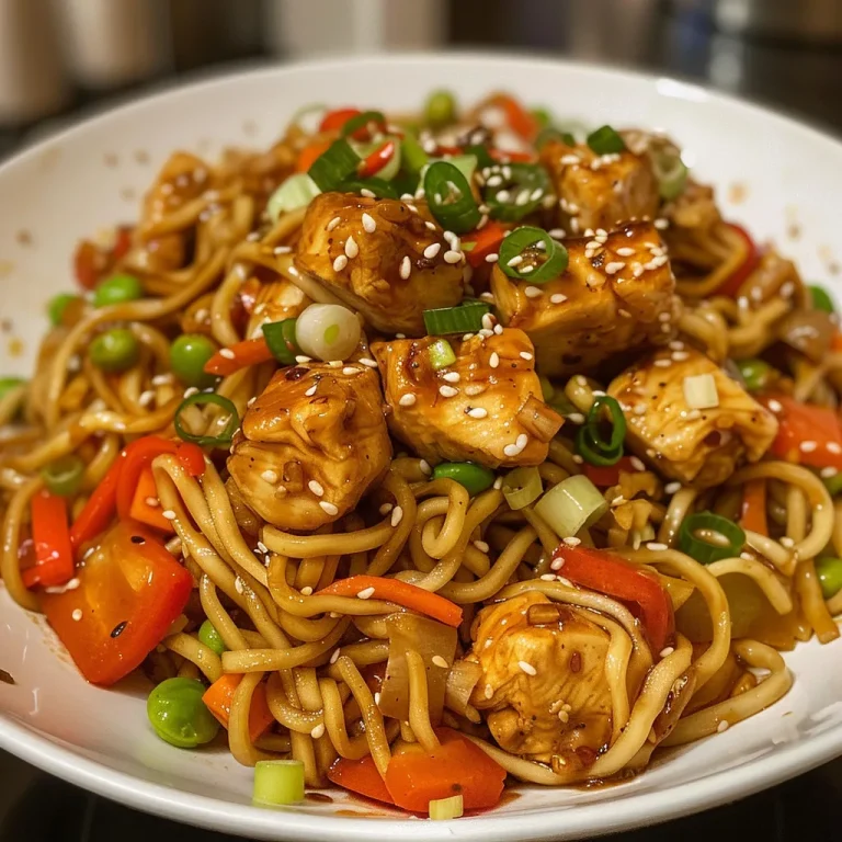 A Flavorful Journey Quick Sticky Garlic Chicken Noodles for Busy Nights Close-up view of juicy sticky garlic chicken noodles topped with green onions and sesame seeds.