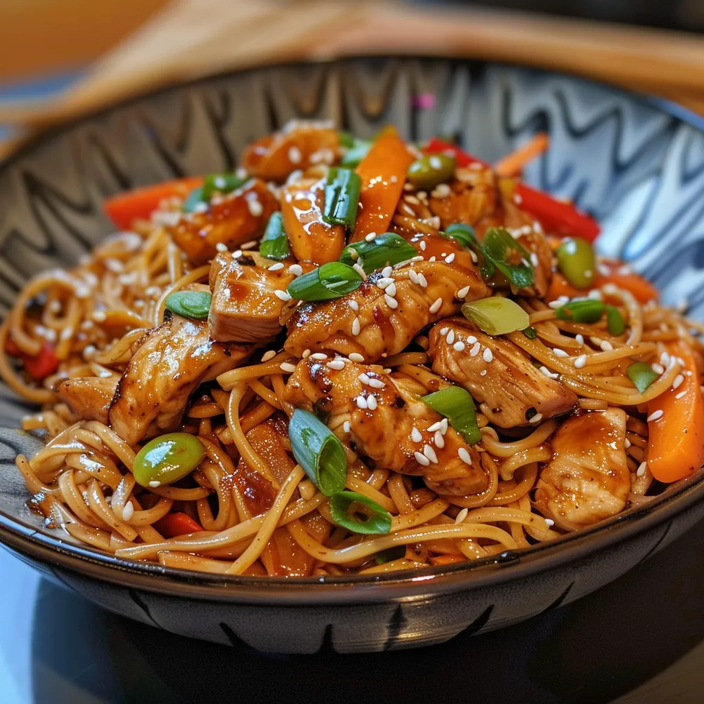 A vibrant plate of sticky garlic chicken noodles featuring colorful bell peppers and snap peas.