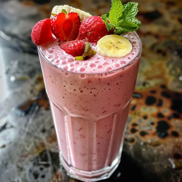 Indulge in a Blissful Strawberry Banana Milkshake Adventure A creamy pink milkshake topped with whipped cream, fresh strawberries, and banana chips in a glass.
