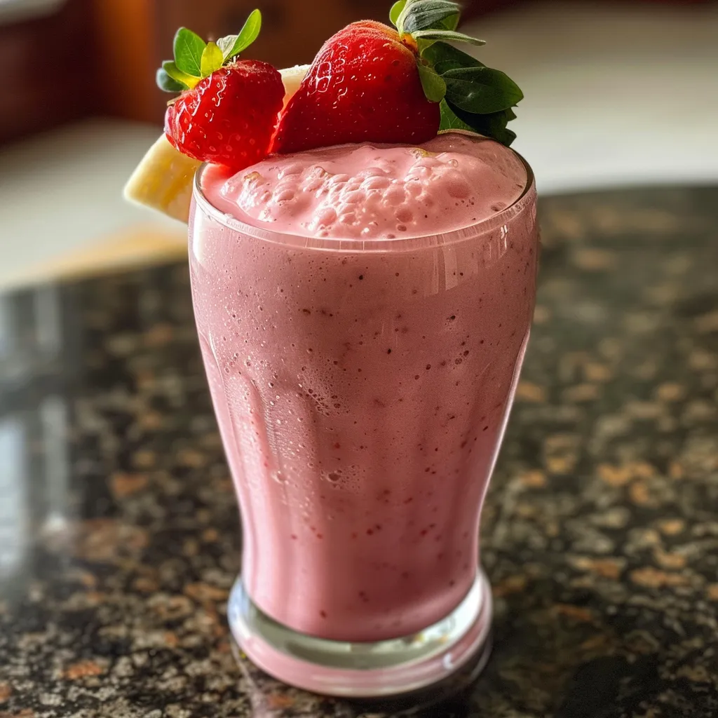 Side view of a thick strawberry banana milkshake with vibrant colors and decorative toppings.