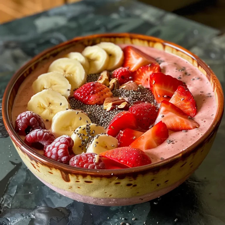 Side view of a vibrant strawberry banana smoothie bowl topped with fresh fruit and seeds.