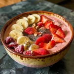 A close-up side view of a vibrant strawberry banana smoothie bowl topped with fresh fruit.