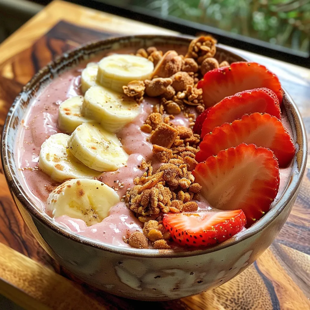 Close-up of a creamy smoothie bowl filled with strawberries and bananas, garnished with chia seeds.