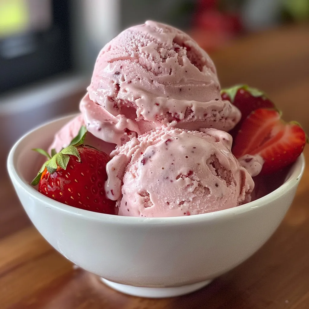 Side view of pink strawberry frozen yogurt with a smooth texture, topped with strawberries and a drizzle of honey.