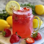 Close-up of a refreshing glass of Strawberry Lemonade garnished with mint leaves and lemon slices.