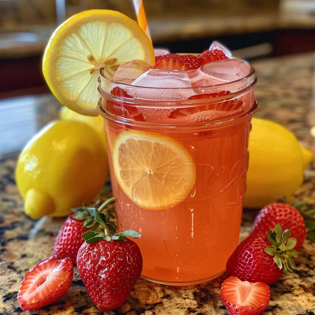 A refreshing serving of strawberry lemonade with visible strawberries, mint leaves, and lemon slices in a clear glass.