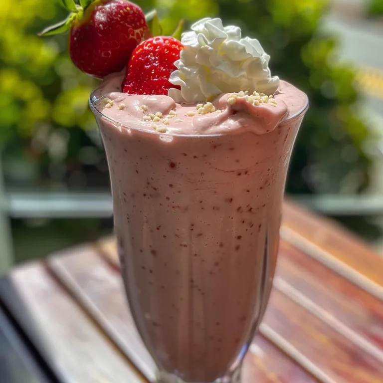 A close-up side view of a creamy Strawberry Protein Shake in a glass, garnished with whipped cream.