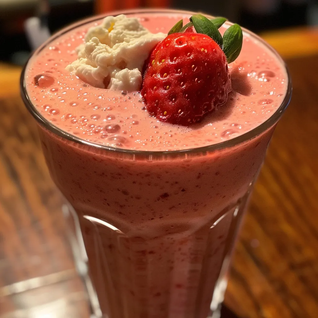 A vibrant Strawberry Protein Shake displayed in a glass with a smooth texture and fresh strawberries beside it.