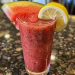 Close-up view of vibrant strawberry watermelon juice in a glass with fresh fruit.