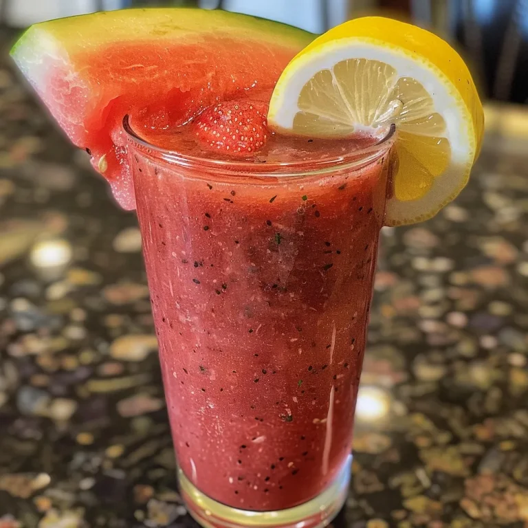 Close-up view of vibrant strawberry watermelon juice in a glass with fresh fruit.