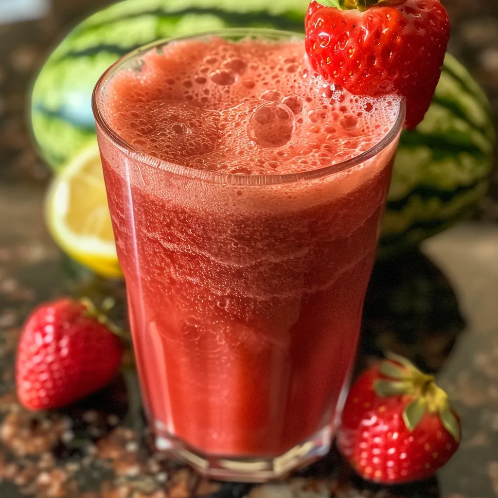 Side view of a refreshing strawberry watermelon juice served in a clear glass, showcasing its rich color.