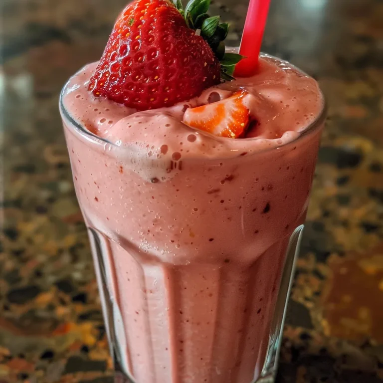 A side view of a strawberry yogurt smoothie in a clear glass with fresh strawberries around it.