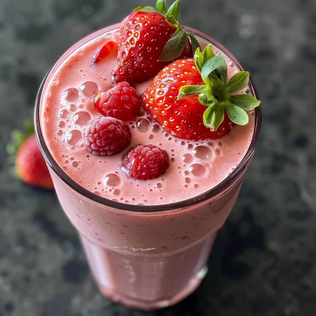 Close-up of a pink strawberry yogurt smoothie with a straw, garnished with a strawberry slice.