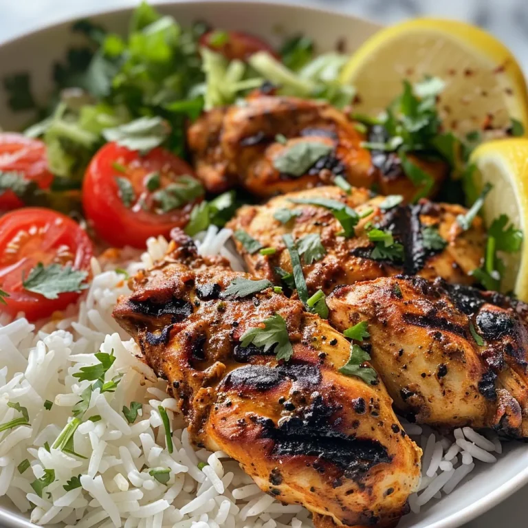 Close-up of street cart chicken and rice with vibrant toppings.