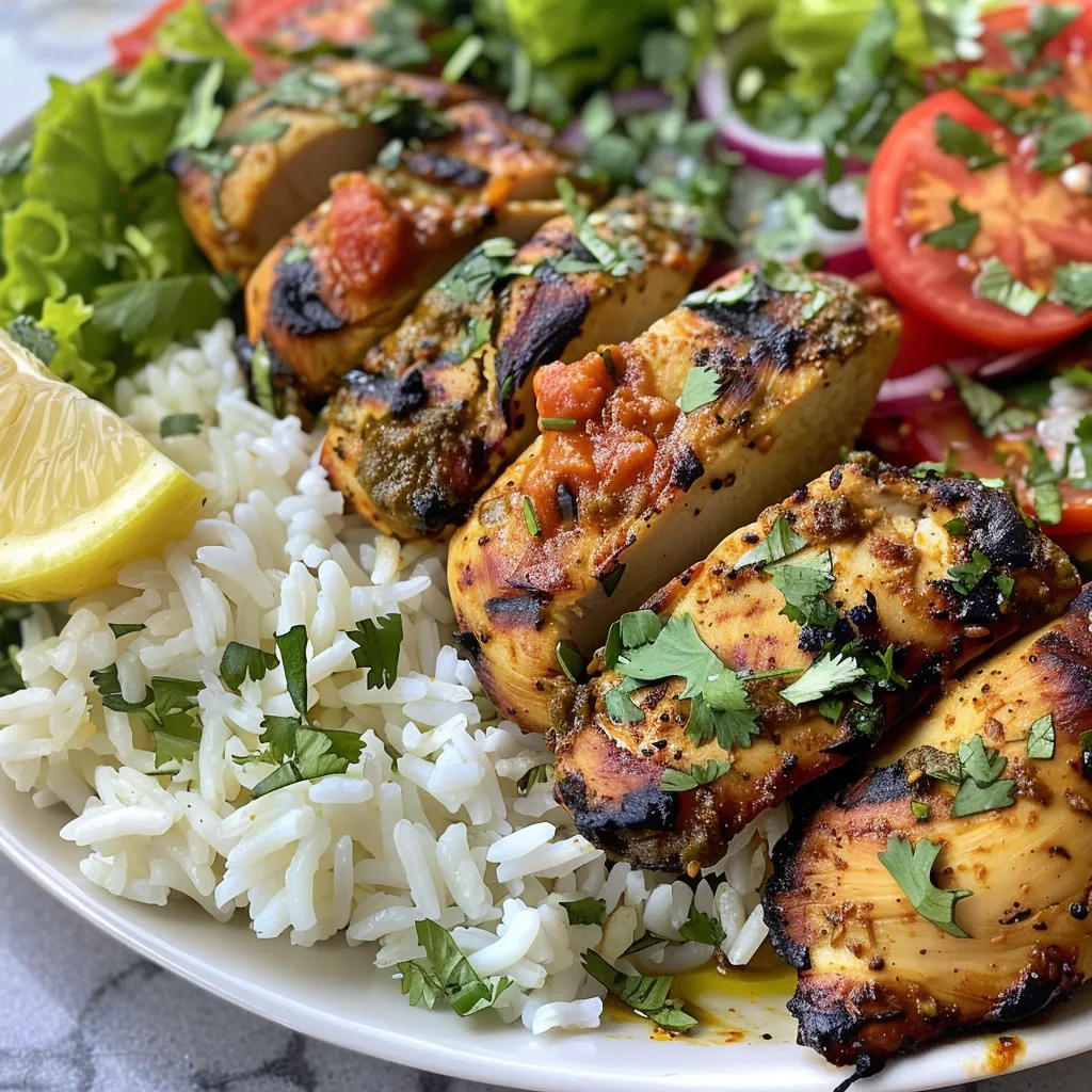 Juicy chicken thighs served over basmati rice beside flatbread.