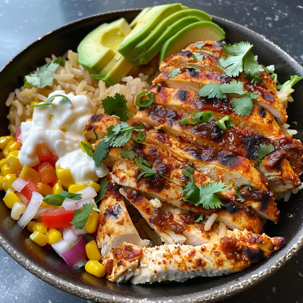 Delicious rice bowl featuring sliced chicken, corn, avocado, and toppings.