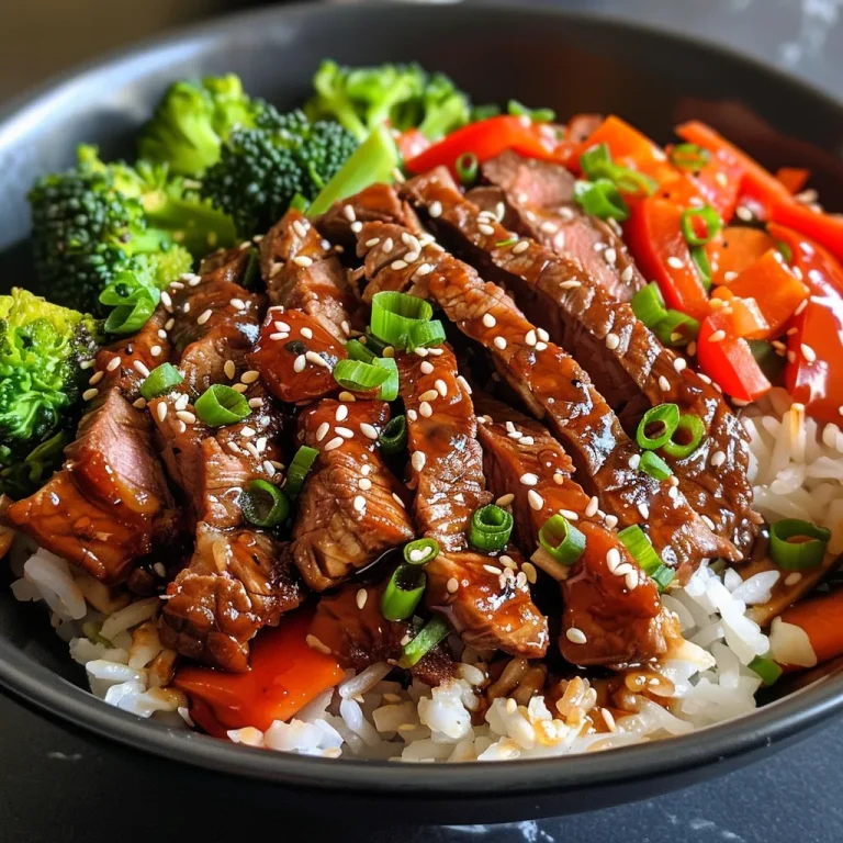 A close-up side view of a bowl filled with teriyaki beef, broccoli, and rice.