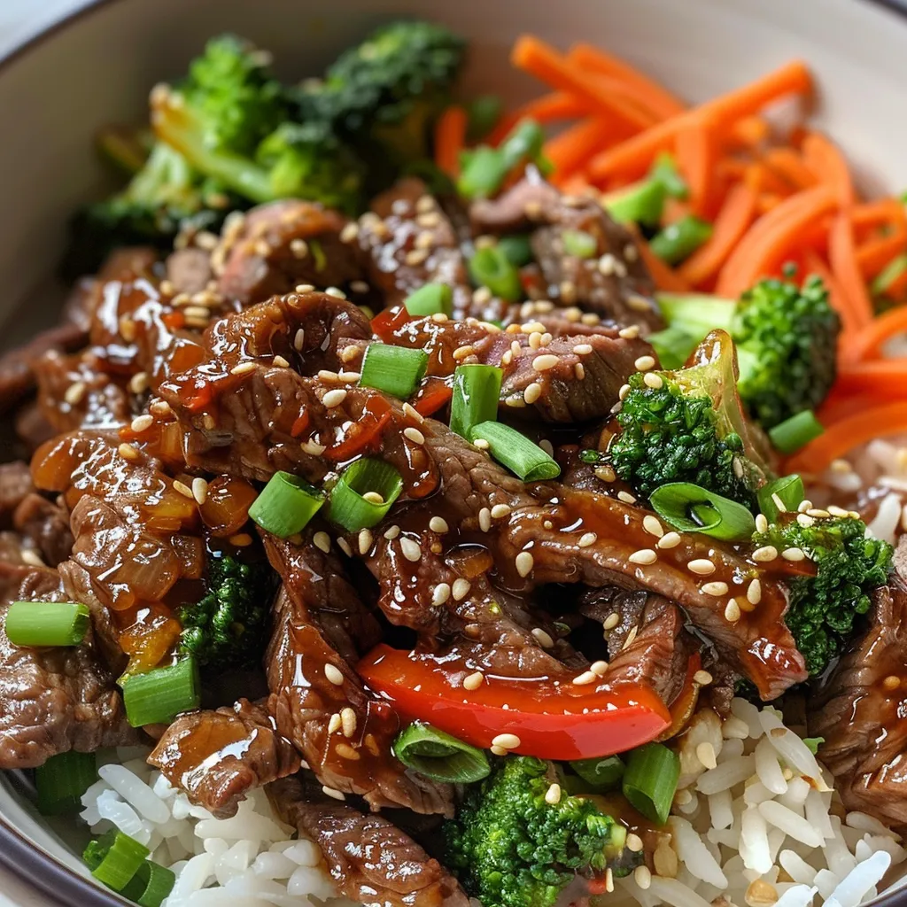 Juicy teriyaki beef served over white rice with colorful veggies in a bowl.