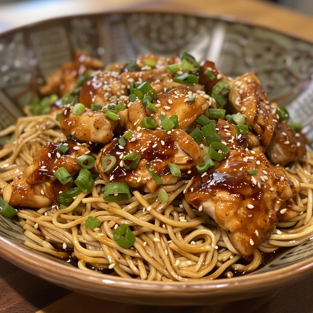 Side view of Teriyaki Chicken Noodles garnished with sesame seeds and scallions.