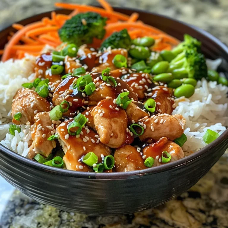 A close-up view of a Teriyaki Chicken Rice Bowl with colorful vegetables.
