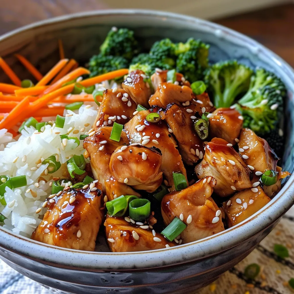 Juicy teriyaki chicken pieces on top of rice, garnished with green onions and sesame seeds.