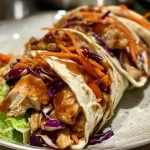 Close-up side view of a juicy Teriyaki Chicken Wrap filled with colorful vegetables.