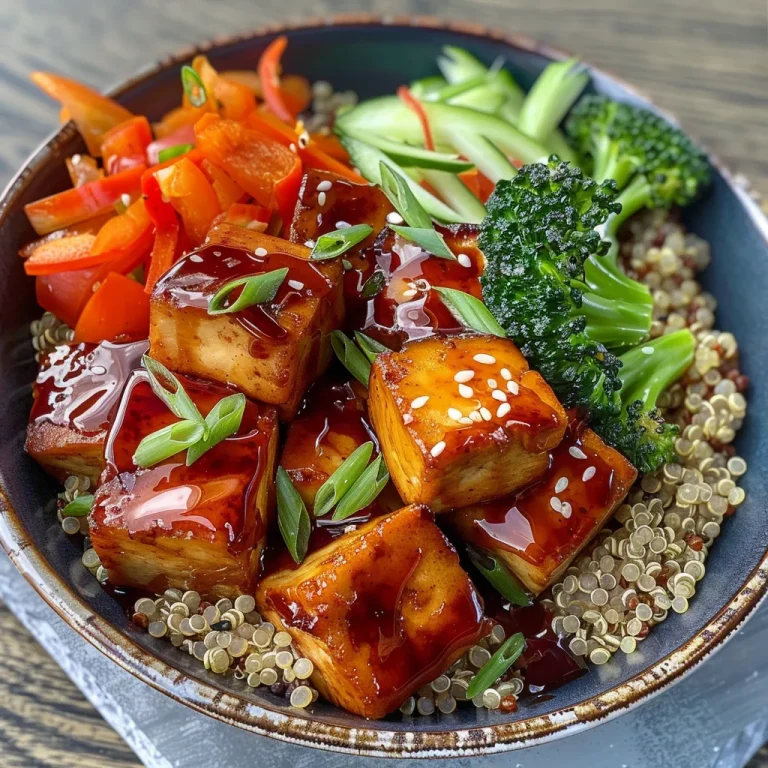 Close-up view of Teriyaki Glazed Tofu Bowl with quinoa and vegetables.