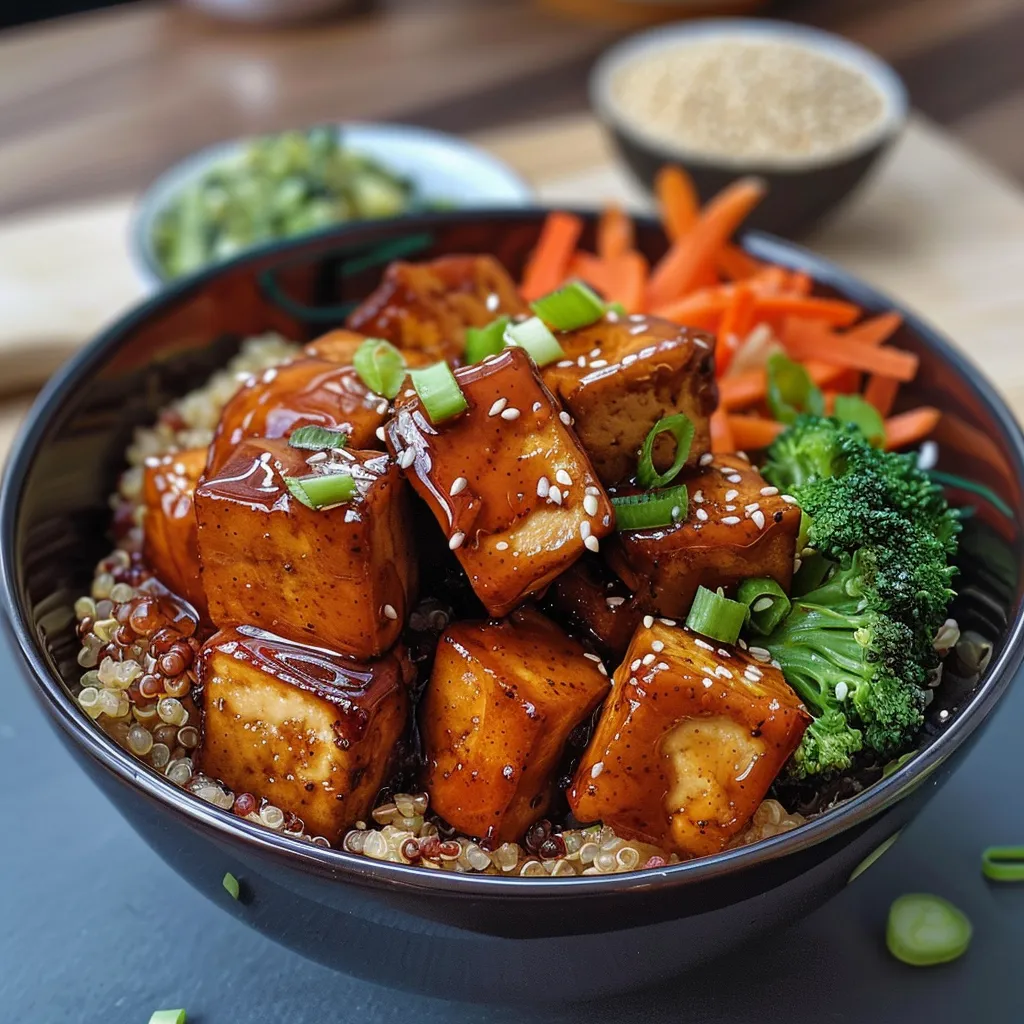 Side view of a colorful Teriyaki Tofu Bowl showcasing diced tofu and fresh veggies.