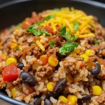 A close-up view of a bowl filled with Tex-Mex beef and rice, featuring vibrant colors and textures.