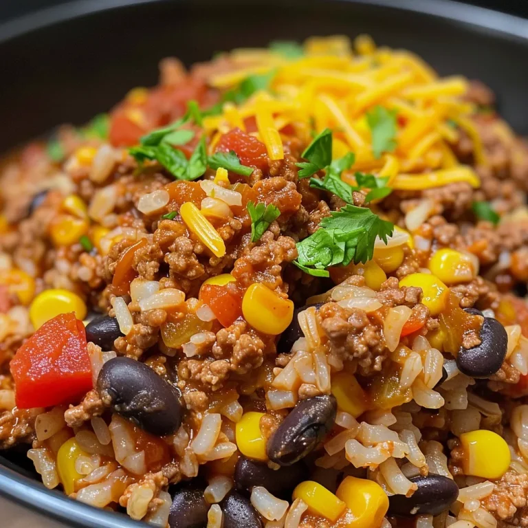 A close-up view of a bowl filled with Tex-Mex beef and rice, featuring vibrant colors and textures.