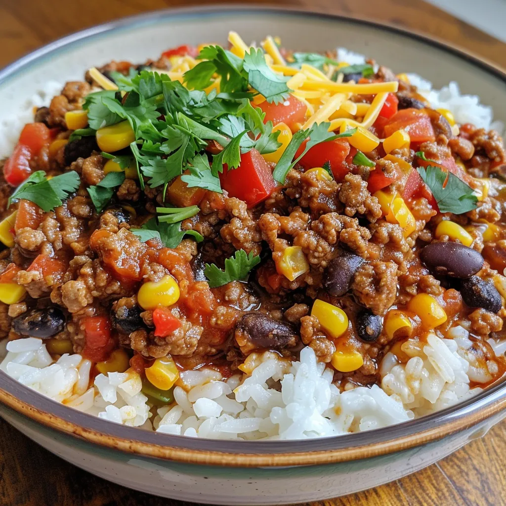 Juicy ground beef mixed with rice, black beans, corn, and topped with melted cheddar cheese, served in a bowl.