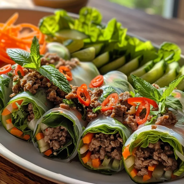 Fresh and Flavorful Thai Basil Beef Rolls for Effortless Entertaining Close-up view of Thai Basil Beef Rolls featuring fresh ingredients.