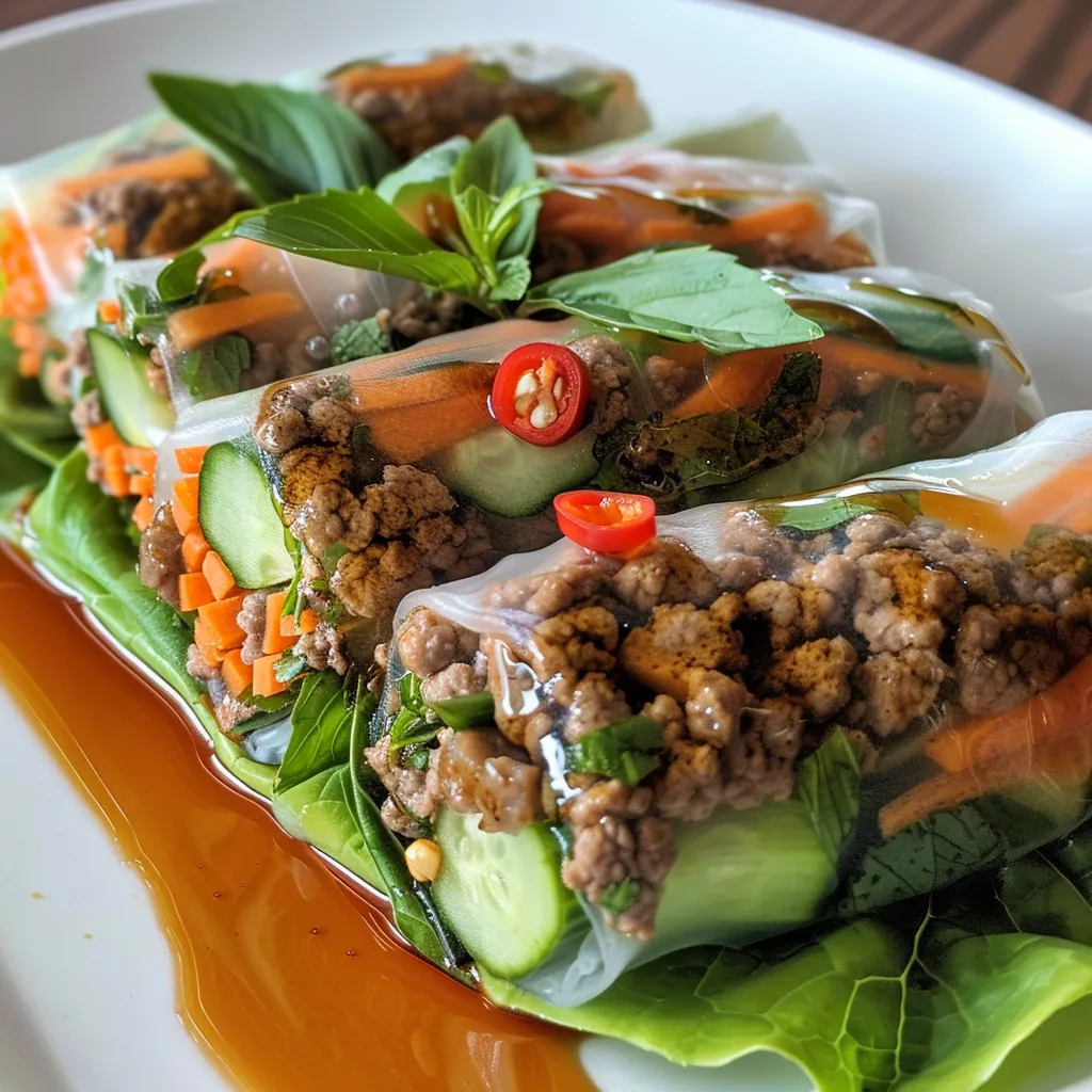 Juicy Thai Basil Beef Rolls displayed on a plate with vibrant herbs.