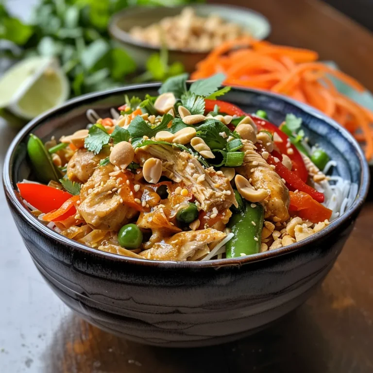 Close-up view of a Thai Peanut Chicken Noodle Bowl garnished with fresh herbs and lime wedges.