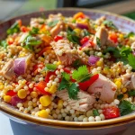 A vibrant close-up of a Tuna Couscous Salad featuring colorful vegetables.