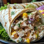 A close-up side view of a Tuna Melt Wrap with visible ingredients spilling out.