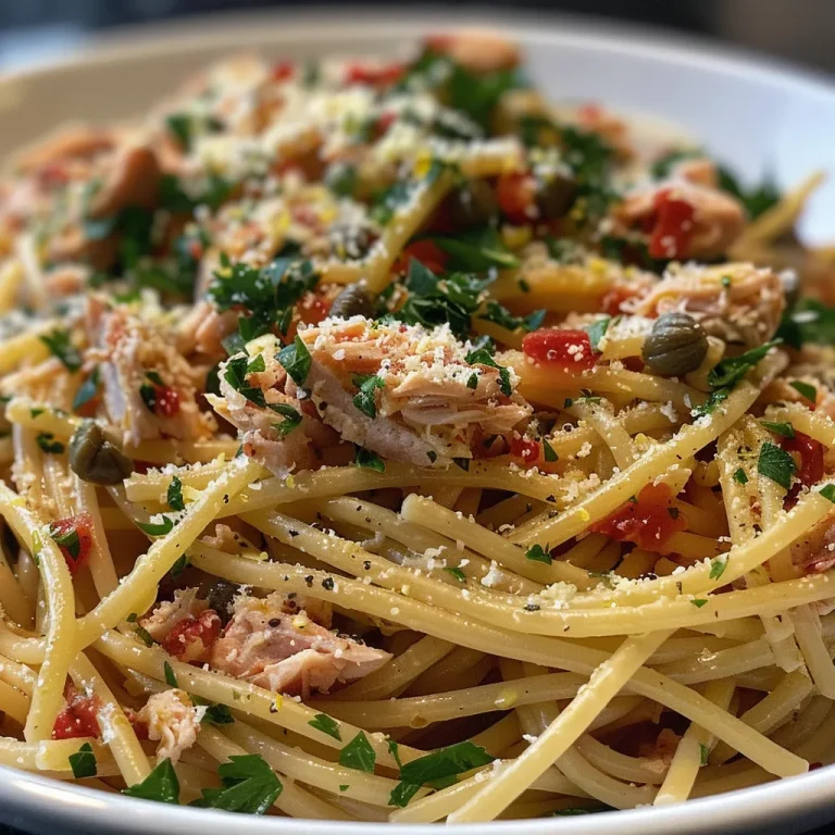 Quick and Flavor-Packed Tuna Pasta for Busy Nights A close-up view of a plate of tuna pasta with vibrant garnishes.