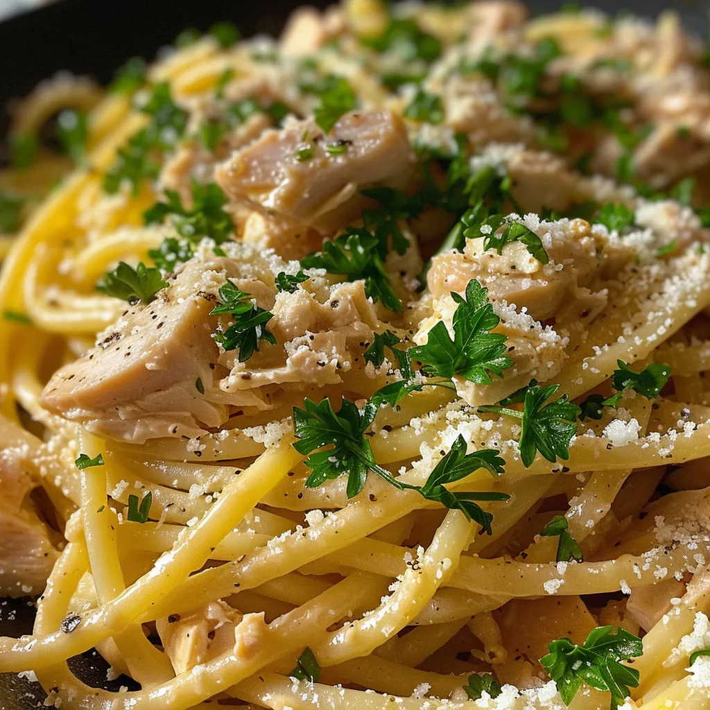 A side view of spaghetti mixed with tuna, garnished with parsley and lemon.