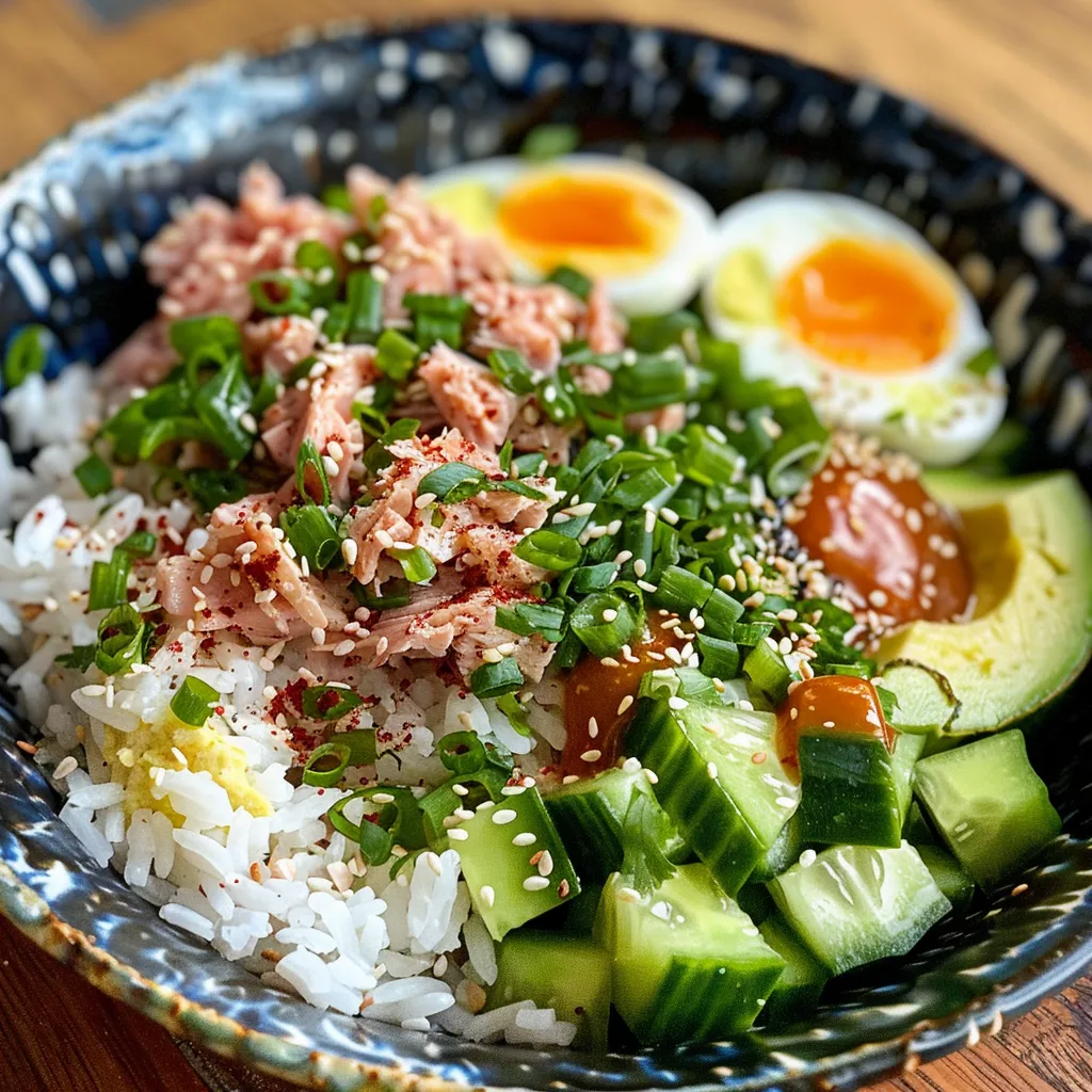 Side view of a delicious Tuna Rice Bowl featuring fresh ingredients.