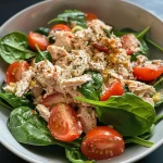 A vibrant spinach and tomato tuna salad with Greek yogurt, showcasing fresh ingredients.