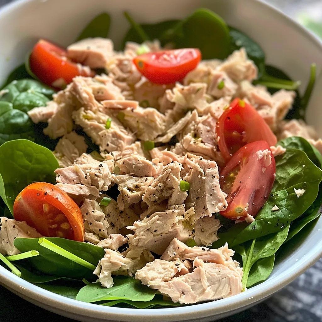 Close-up view of a creamy tuna salad made with Greek yogurt and colorful vegetables.